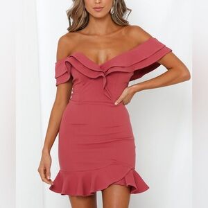 Hello Molly carrying Your Love Off-Shoulder Ruffle Mini Dress in Rose size 2